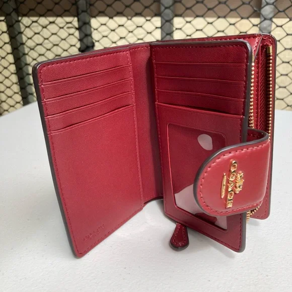 Coach Signature Medium Corner Zip Wallet Khaki Brown Tan Cherry Red Snap Button - Picture 10 of 17